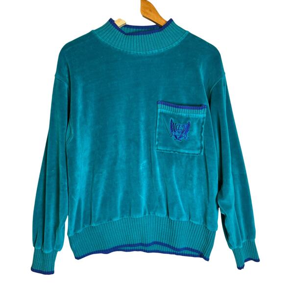 Vintage Liz Sport Velvet Sweater Women’s Large Crest Mock Turtleneck Green Top - Picture 1 of 9